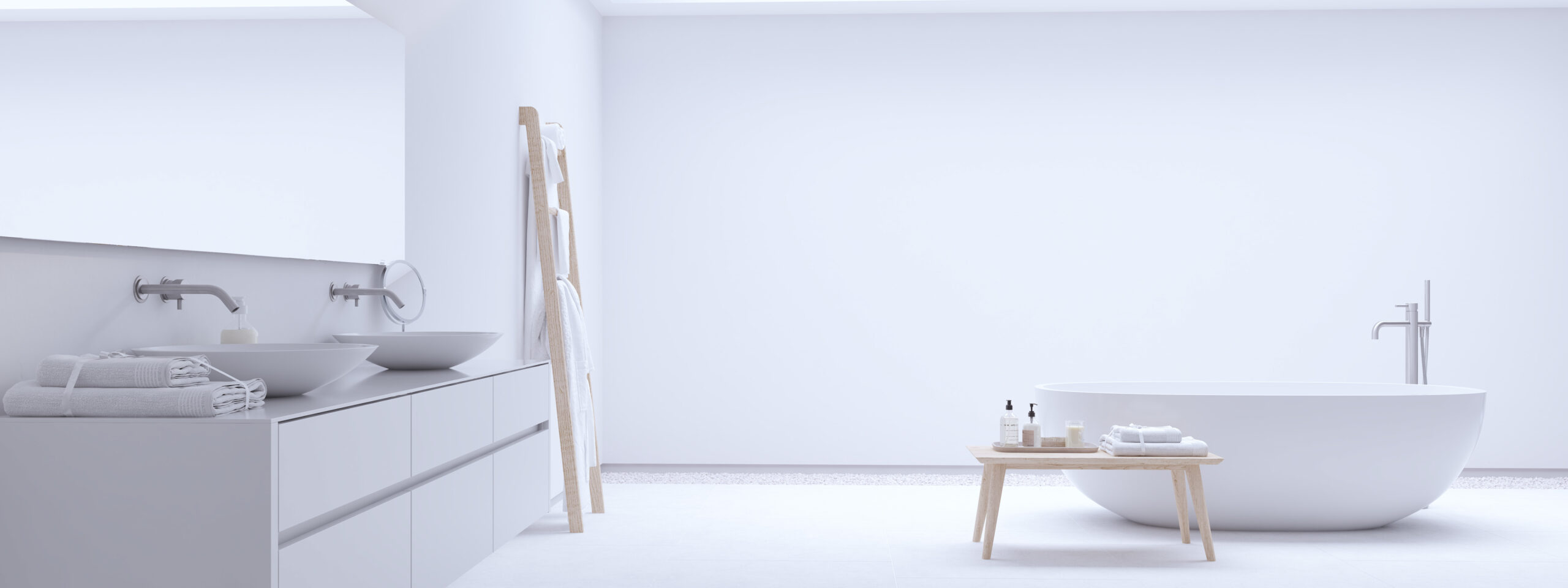 3D-Rendering eines neuen, modernen Badezimmers im Zen-Stil mit weißer Wand und Boden.